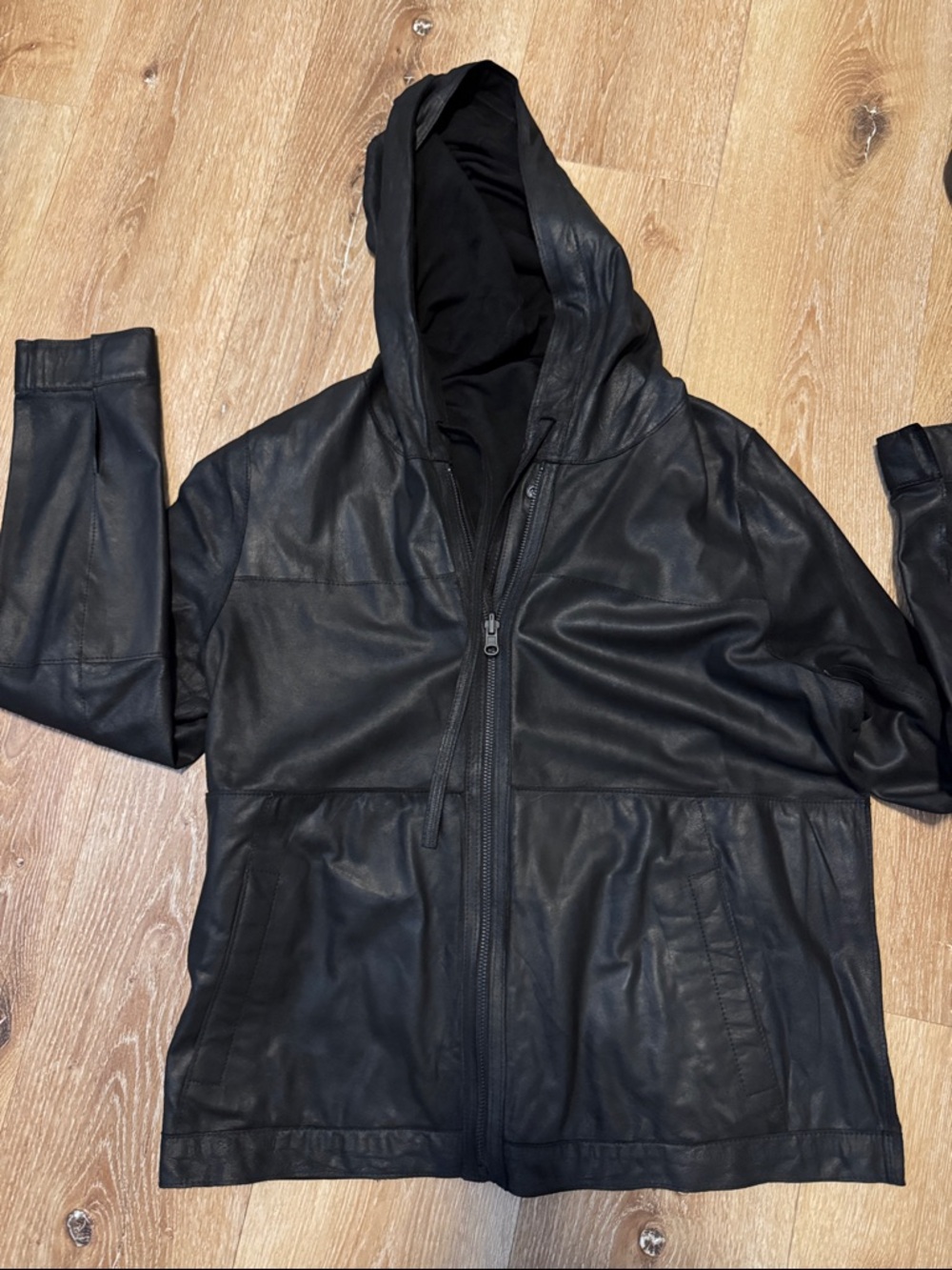 Women’s Reversible Black Hooded Leather Jacket - Casual Zipper Coat